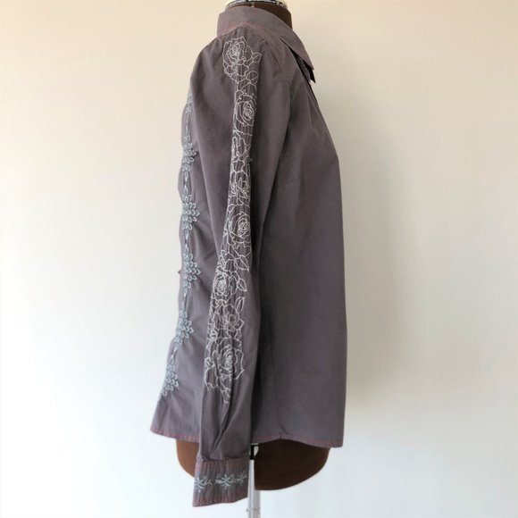 Embroidered Purple Grey Button Front Shirt - Picture 5 of 9